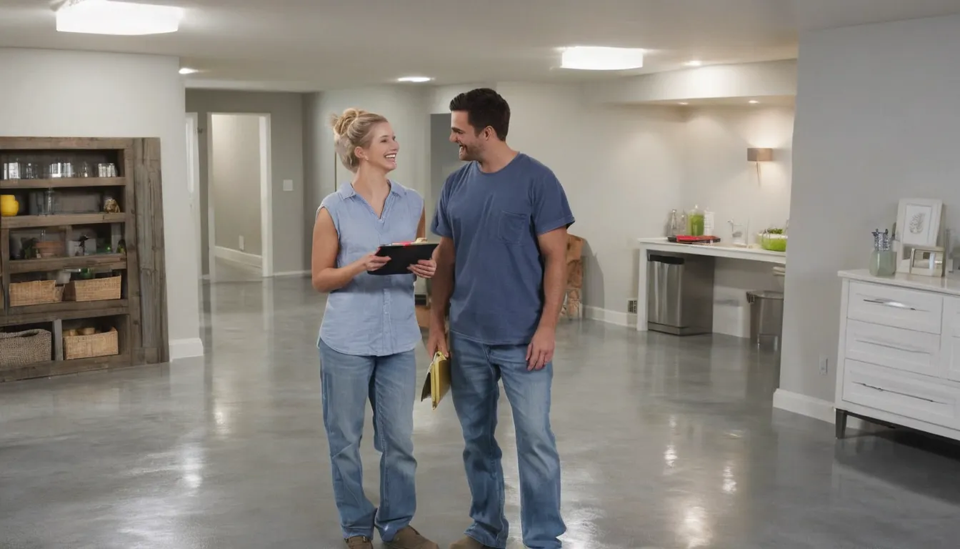 Homeowner and a friendly local provider reviewing a freshly coated concrete basement floor near Crete